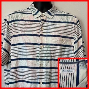 Tommy Bahama Shirt Mens Large Silk Textured Striped Hawaiian Floral Short Sleeve